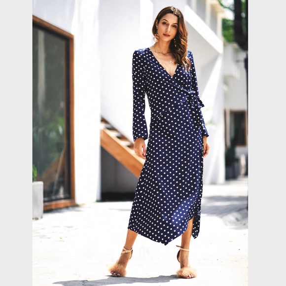 Navy Polka Dot Wrap Maxi Dress Long Sleeves Blue - Picture 3 of 7